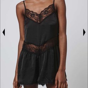 Band of Gypsies black satin romper with lace trim